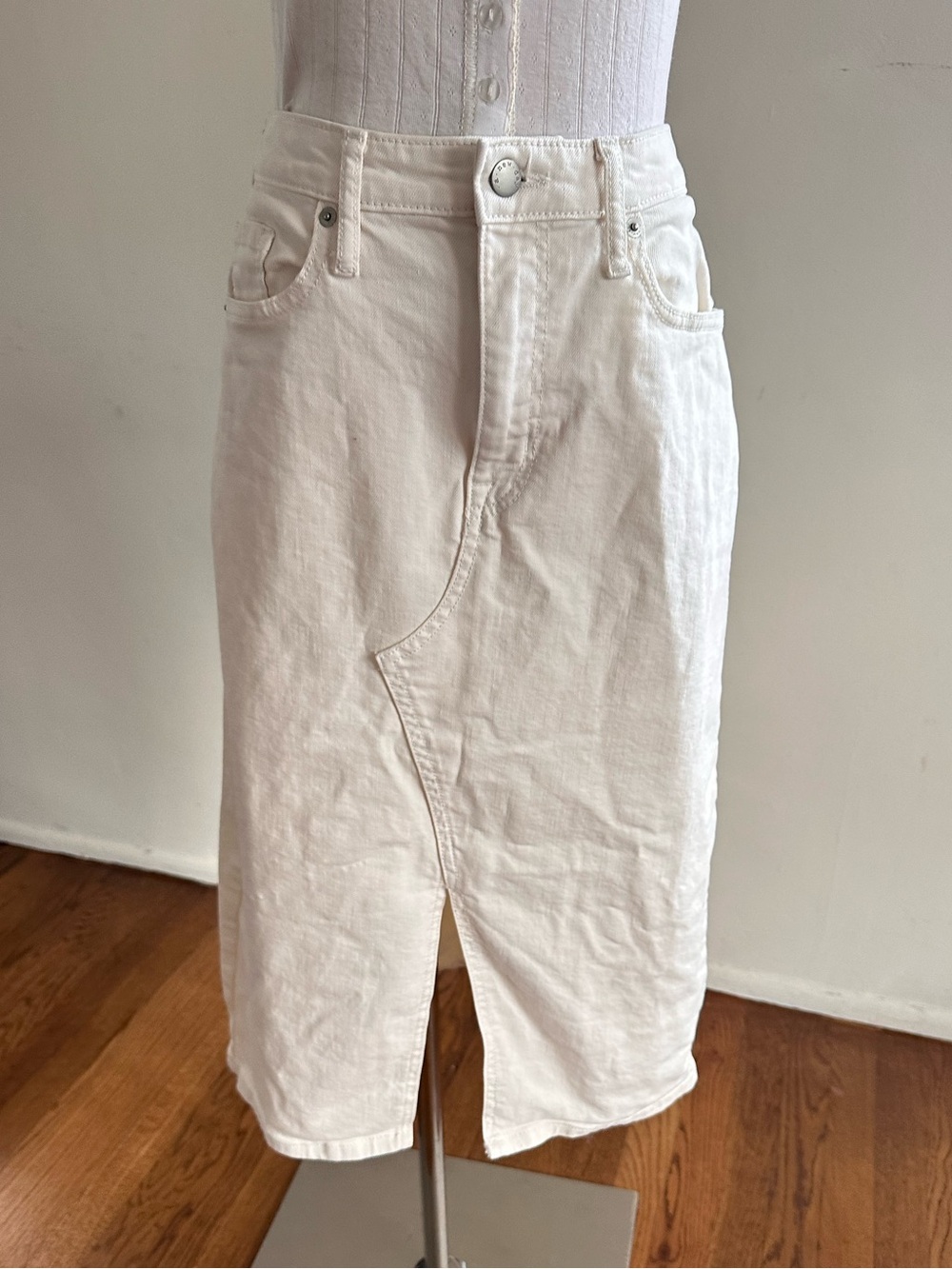 A New Day White Denim Midi Skirt Front Slit Button Fly Size 8/29R